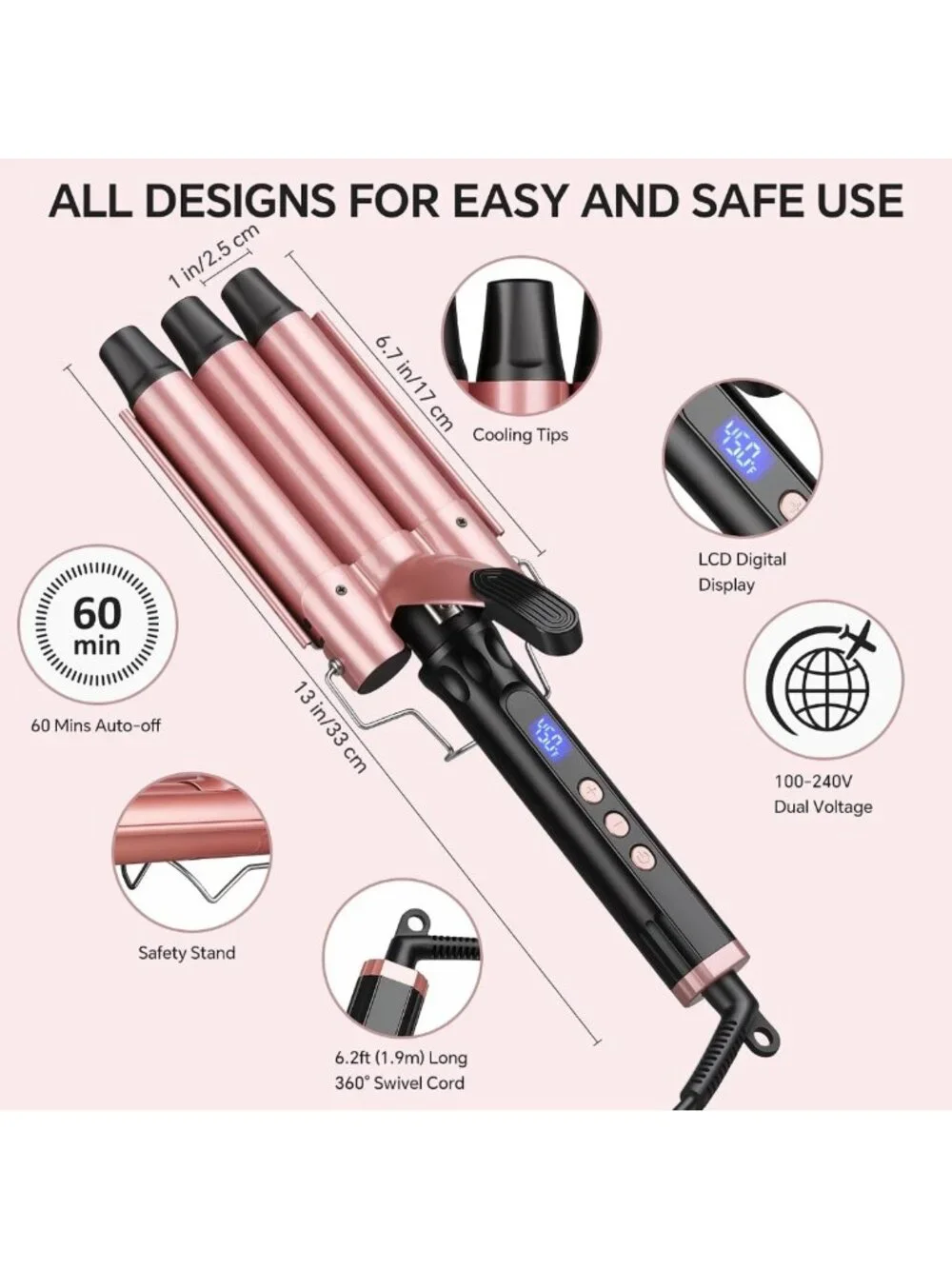 Triple Barrel Curling Iron - 1 Inch Hair Waver Tool for Beach Waves, LCD